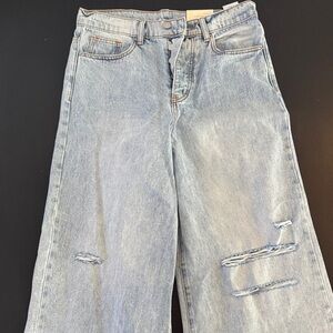 MNML Light Blue Distressed Wide Leg Jeans